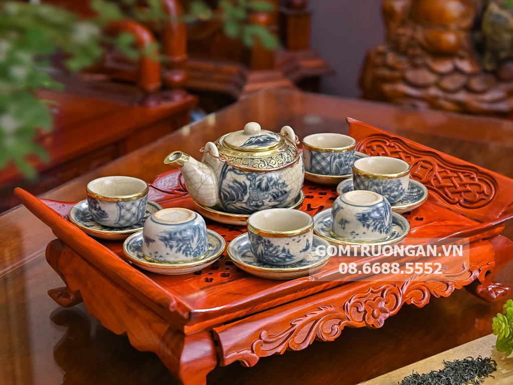 Ấm chén giả cổ bọc đồng vẽ đồng quê dáng Nhật (không khay gỗ) 1