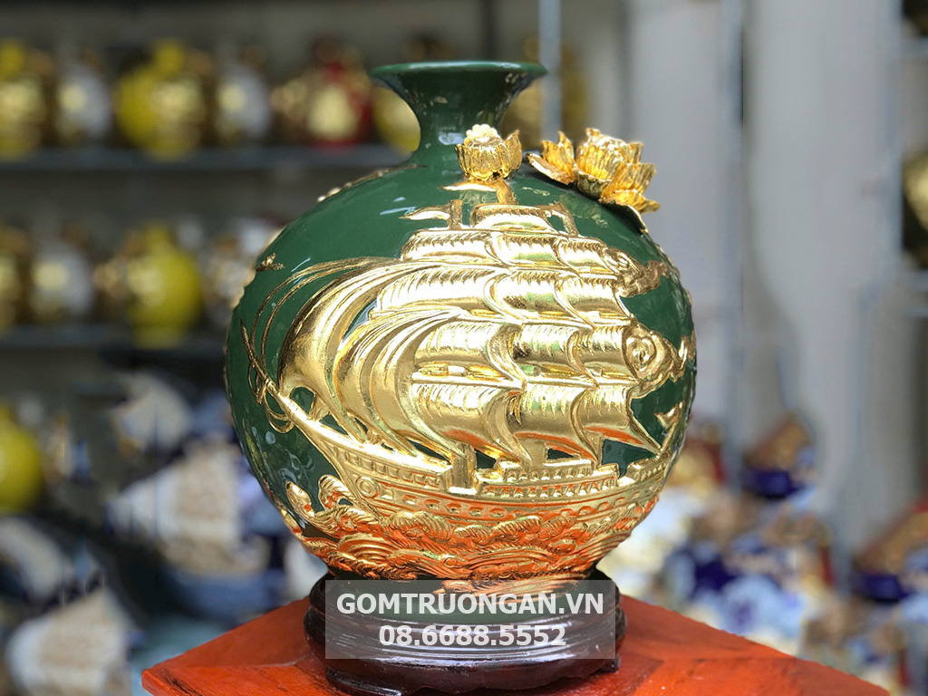 Bình hút lộc mệnh mộc đắp nổi dát vàng Thuận Buồm Xuôi Gió 27cm 1