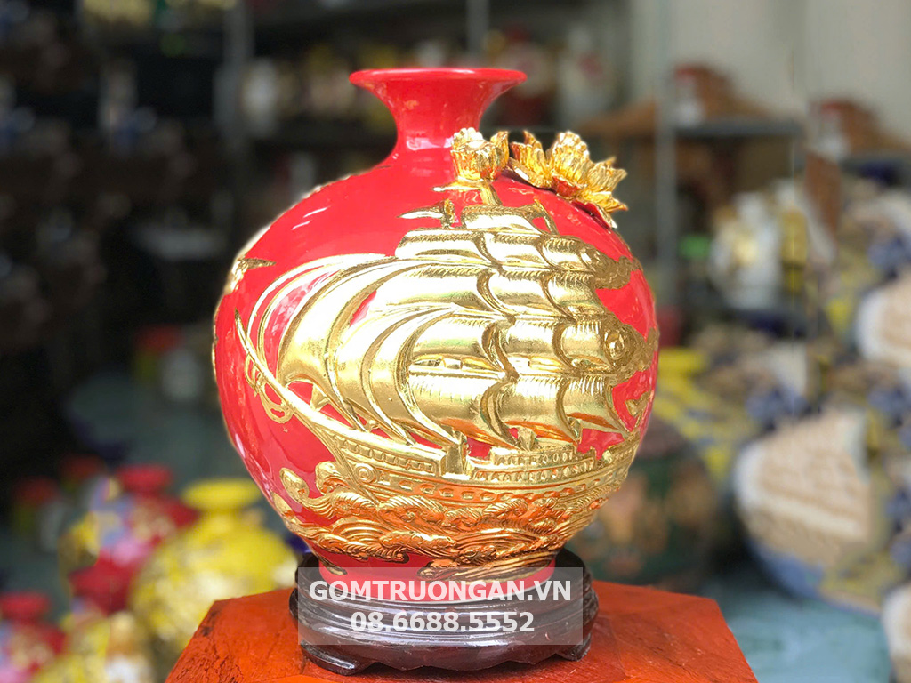 Bình hút lộc mệnh hỏa đắp nổi dát vàng Thuận Buồm Xuôi Gió 27cm 1