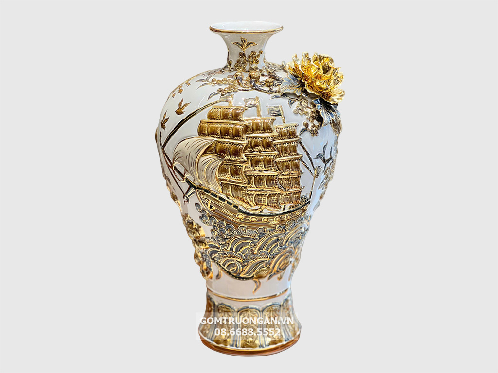 Mai bình men trắng đắp nổi Thuận Buồm Xuôi Gió kênh bong vẽ vàng cao cấp 55 1