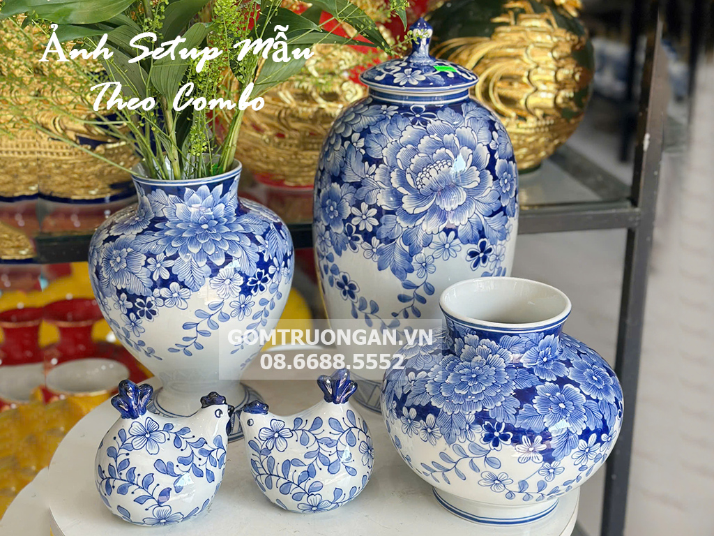 Lọ hoa decor Bát Tràng men lam Vò Nhỏ Ngàn Hoa Lửng 2