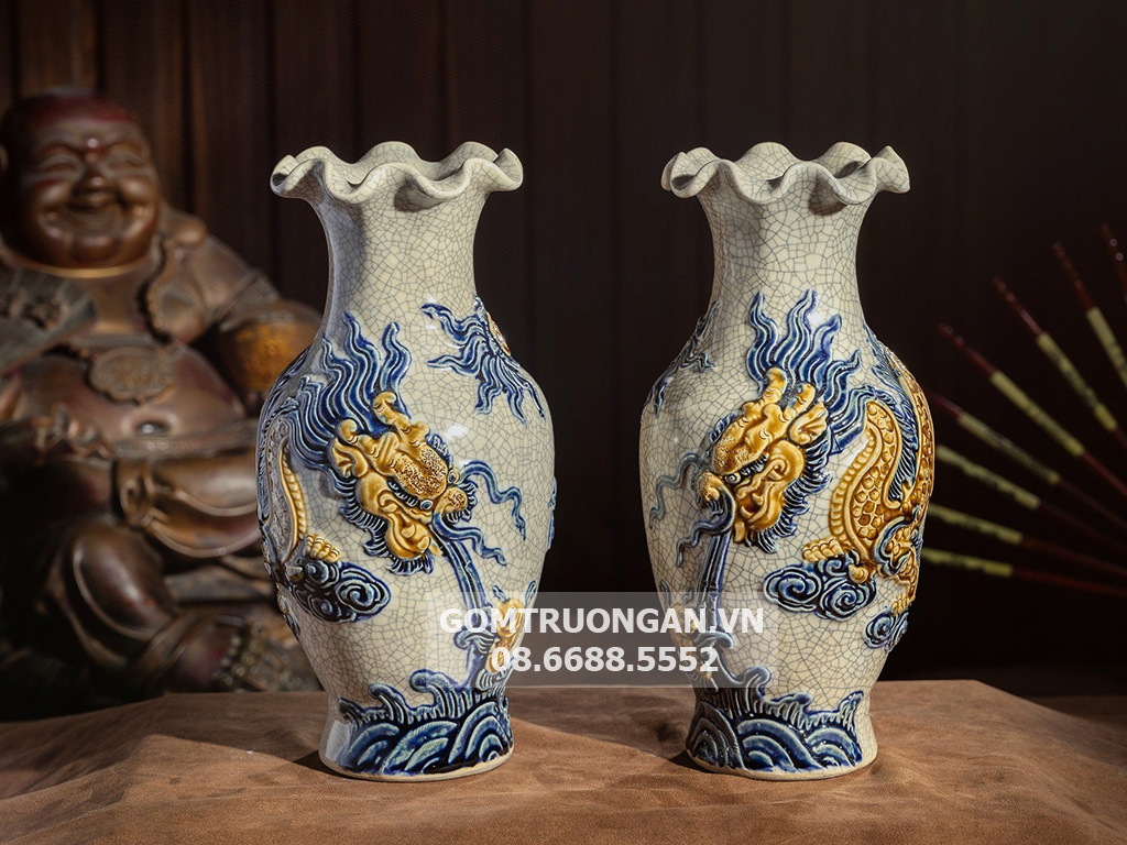 Lọ hoa bàn thờ miệng lượn men rạn nổi Rồng cao cấp Trường Xuân 26cm 2