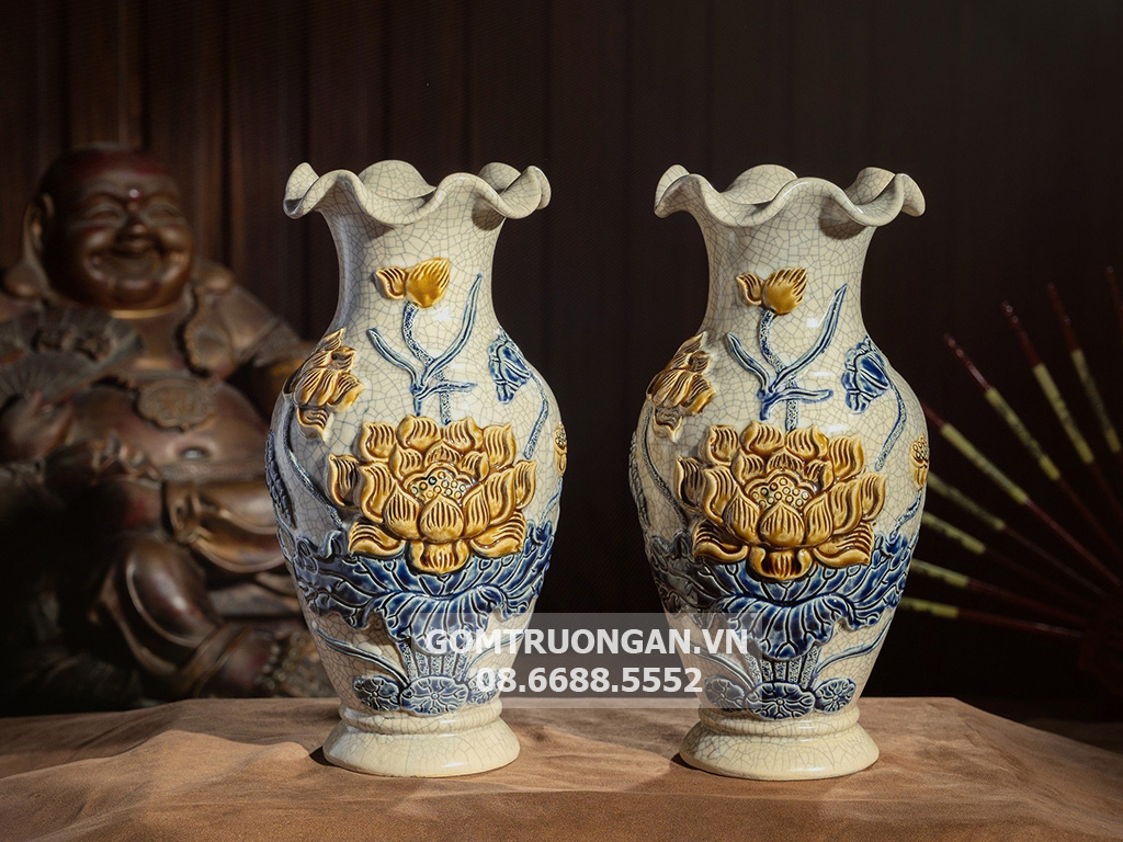 Lọ hoa miệng lượn men rạn nổi Hoa Sen cao cấp Trường Xuân 22cm 2
