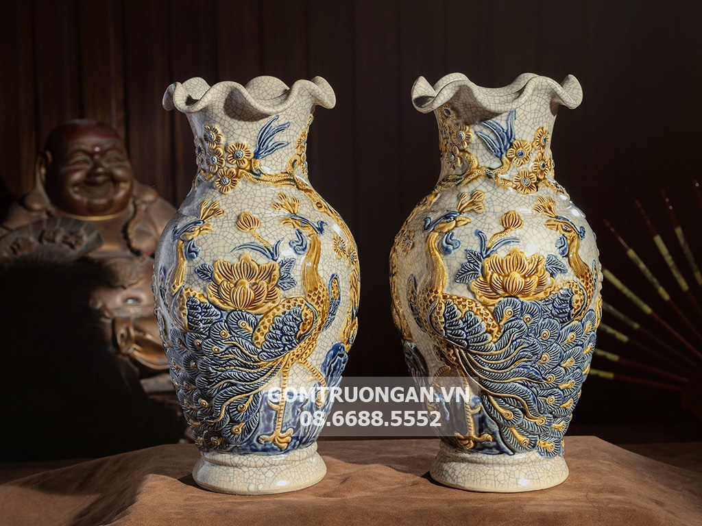 Lọ hoa bàn thờ miệng lượn men rạn nổi Công Đào cao cấp Trường Xuân 26cm 2