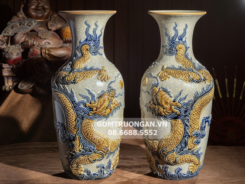 Lộc bình men rạn nổi cao cấp Rồng Trường Xuân 42cm 2
