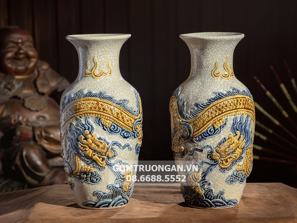 Lộc bình men rạn nổi cao cấp Rồng Trường Xuân 22cm 2