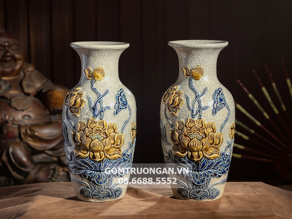 Lộc bình men rạn nổi cao cấp Hoa sen Trường Xuân 26cm 2