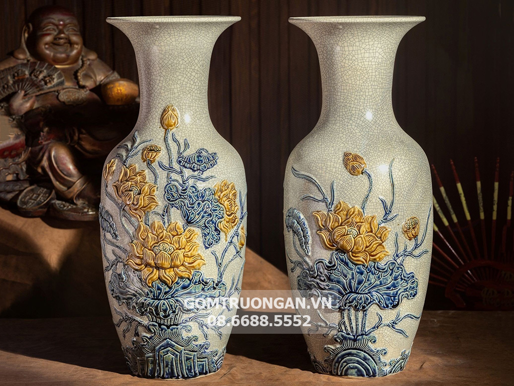 Lộc bình men rạn nổi cao cấp Hoa sen Trường Xuân 52cm 2