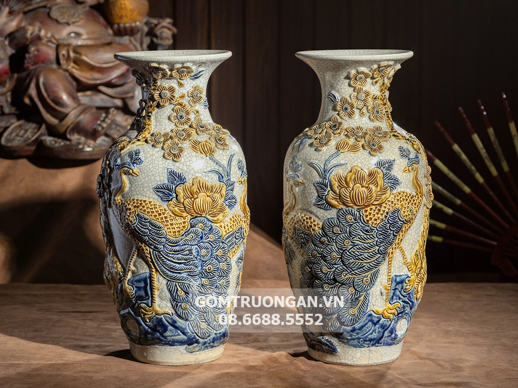 Lộc bình men rạn nổi cao cấp Công Đào Trường Xuân 34cm 2