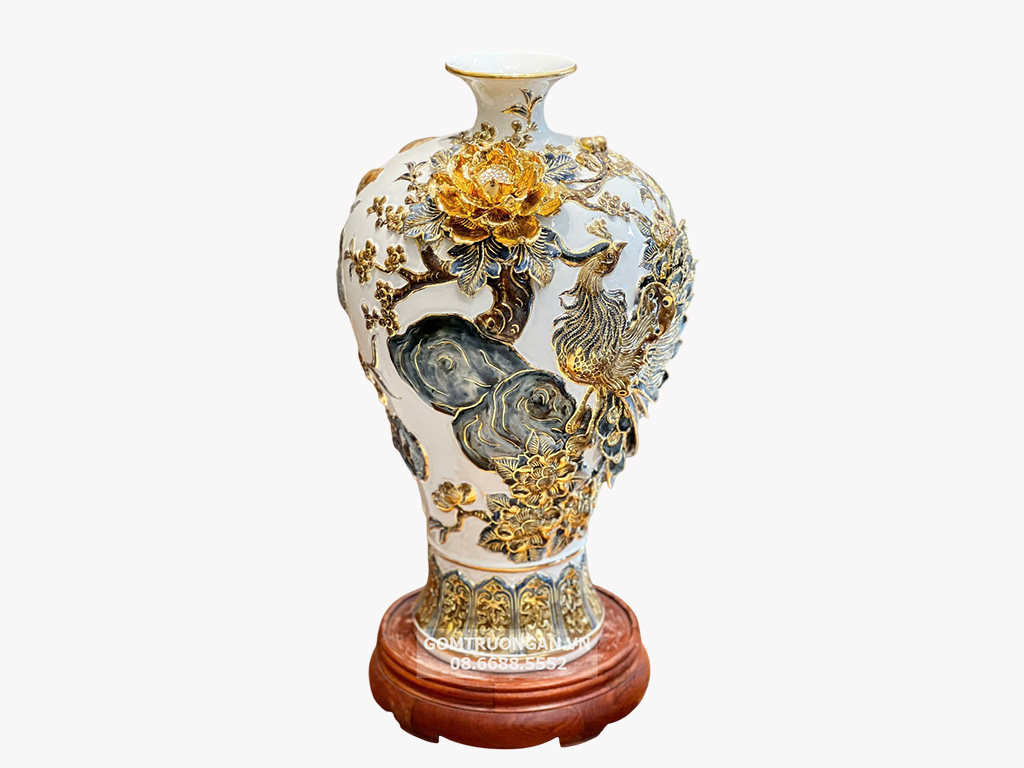 Mai bình men trắng đắp nổi Công Danh Phúc Quý kênh bong vẽ vàng cao cấp 48 2