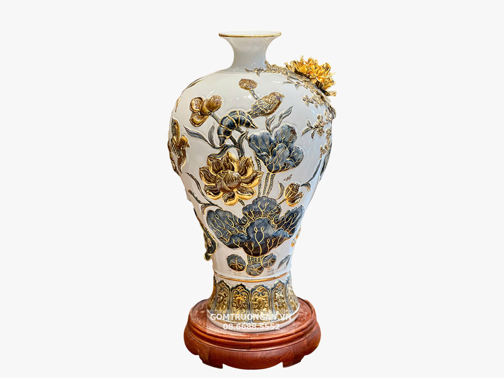 Mai bình men trắng đắp nổi Công Danh Phúc Quý kênh bong vẽ vàng cao cấp 48 3