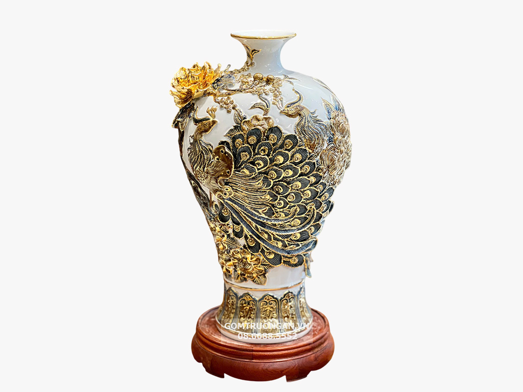 Mai bình men trắng đắp nổi Công Danh Phúc Quý kênh bong vẽ vàng cao cấp 48 1