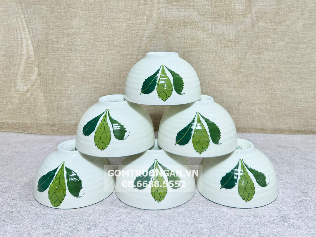 Bộ 6 bát ăn cơm Bát Tràng men kem vẽ 3 lá 1