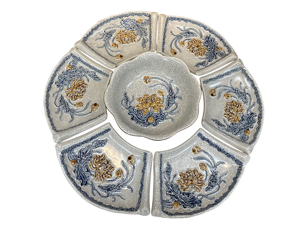 Bộ bát đĩa thờ cúng men rạn nổi hoa sen chính hãng Bát Tràng 1