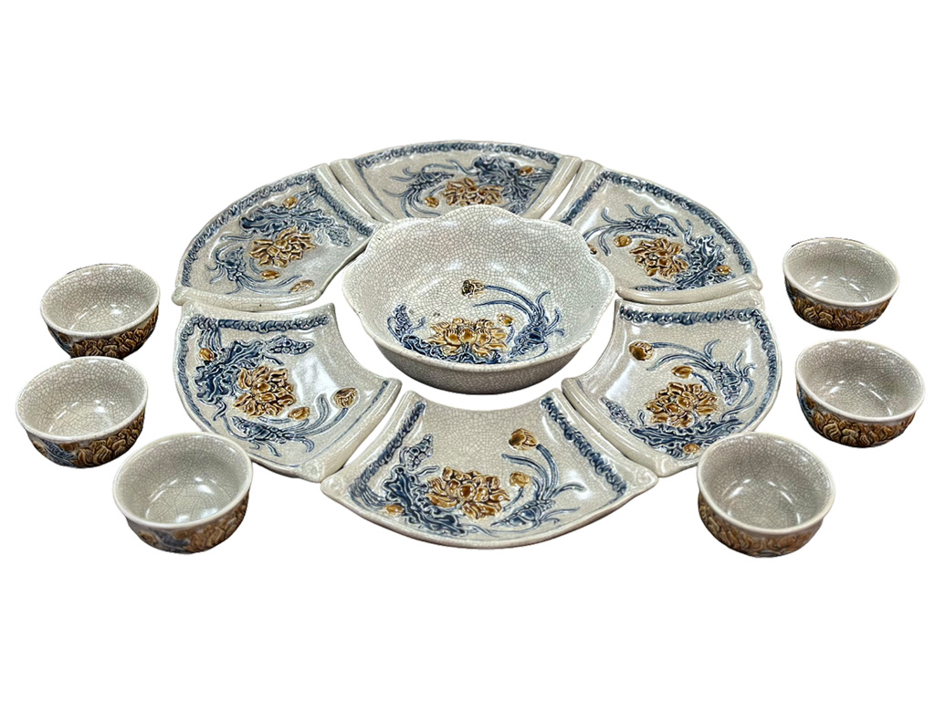 Bộ bát đĩa thờ cúng đầy đủ men rạn nổi hoa sen chính hãng Bát Tràng 1