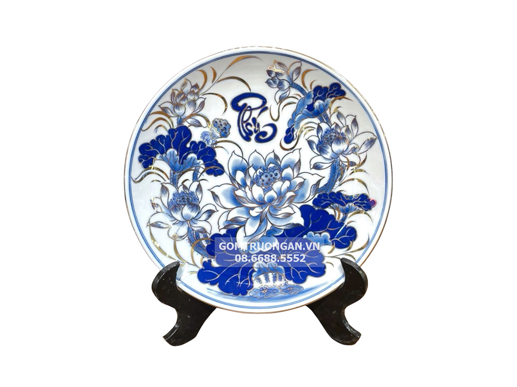 Mâm bồng men lam vẽ vàng Vạn Phúc Trường An 32cm 1
