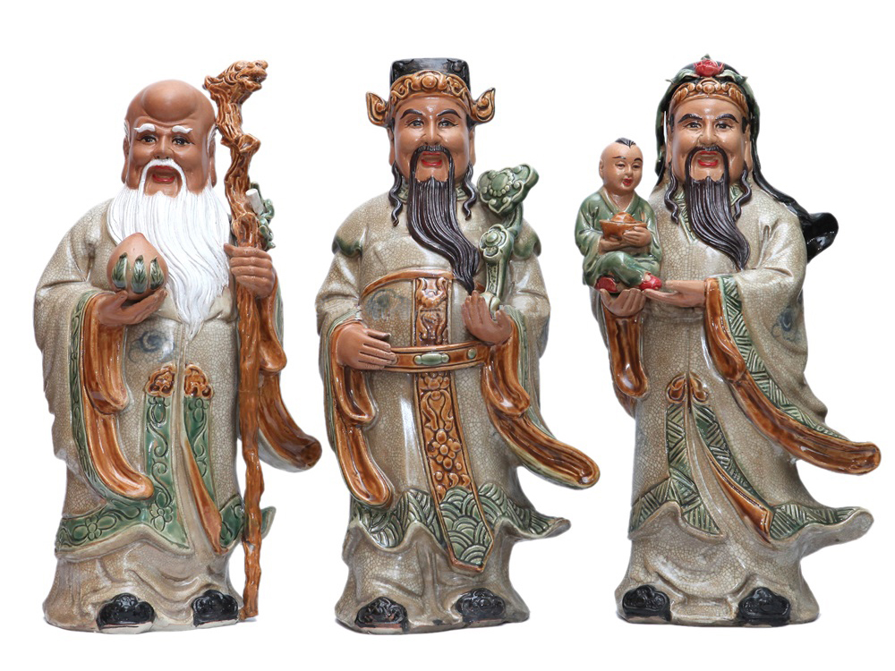 Tượng sứ Phúc Lộc Thọ men rạn cổ cao 48cm 1