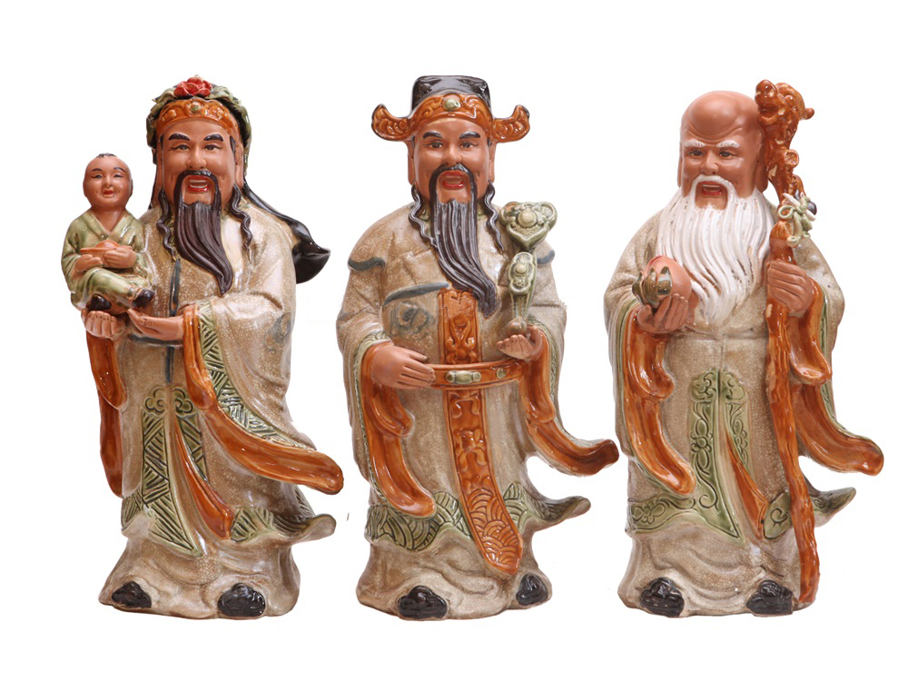 Tượng sứ Phúc Lộc Thọ men rạn cổ cao 40 cm 1