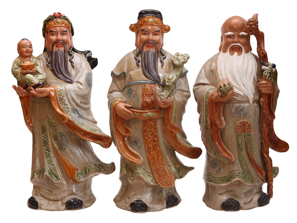 Tượng sứ Phúc Lộc Thọ men rạn cổ cao 58 cm 1