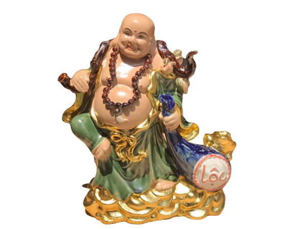 Tượng sứ Di Lặc kéo túi lộc S2 dát vàng cao 40cm 1