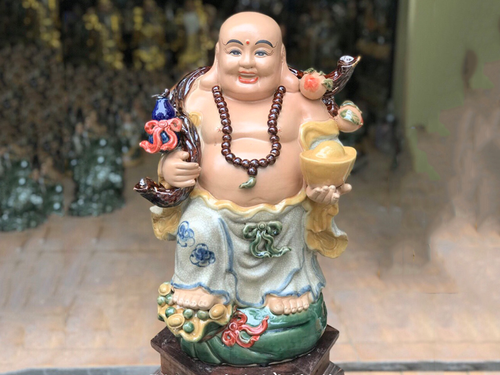 Tượng sứ Di Lặc men rạn ghánh hồ lô đào cao 52cm 2