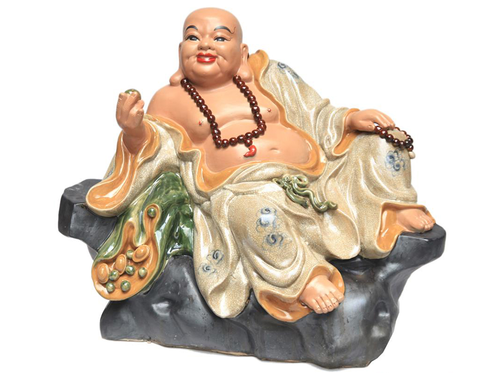 Tượng sứ Di lặc ngồi bệ đá men rạn cao 60cm rộng 70cm 1