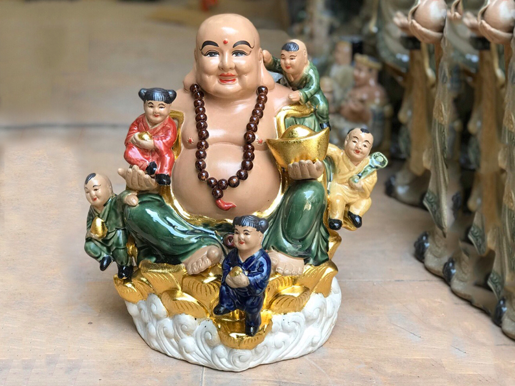 Tượng sứ Di Lặc ngũ phúc ngồi đài sen cao 38cm 2