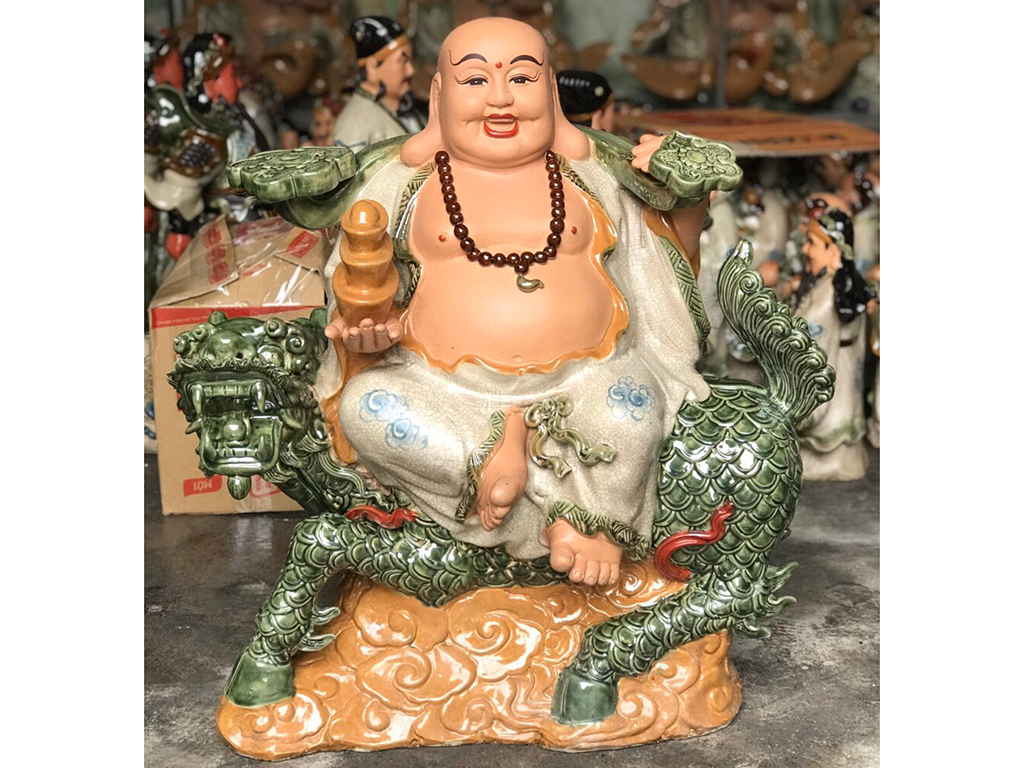 Tượng Di Lặc Ngồi Kỳ Lân men rạn màu Xanh ngọc cao 70cm 2