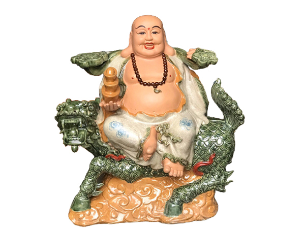 Tượng Di Lặc Ngồi Kỳ Lân men rạn màu Xanh ngọc cao 70cm 1