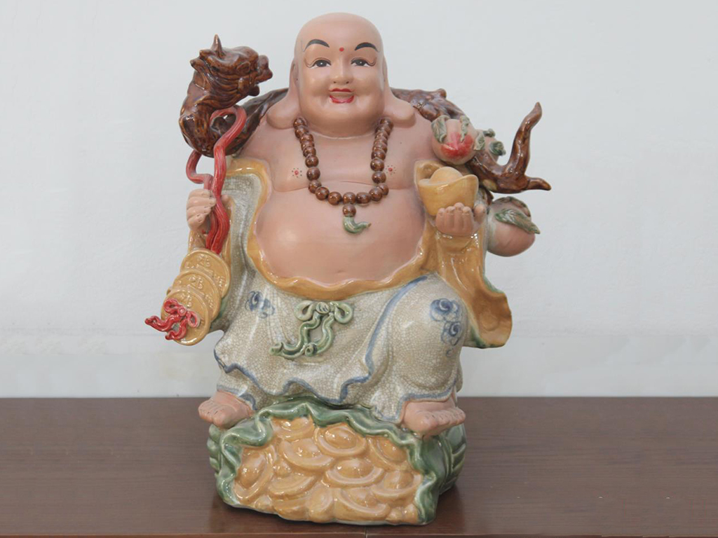 Tượng sứ Di Lặc men rạn ghánh tiền đào cao 50cm 3