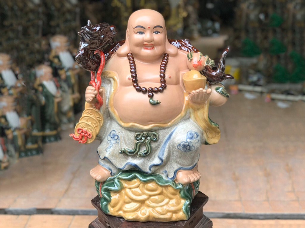 Tượng sứ Di Lặc men rạn ghánh tiền đào cao 50cm 4