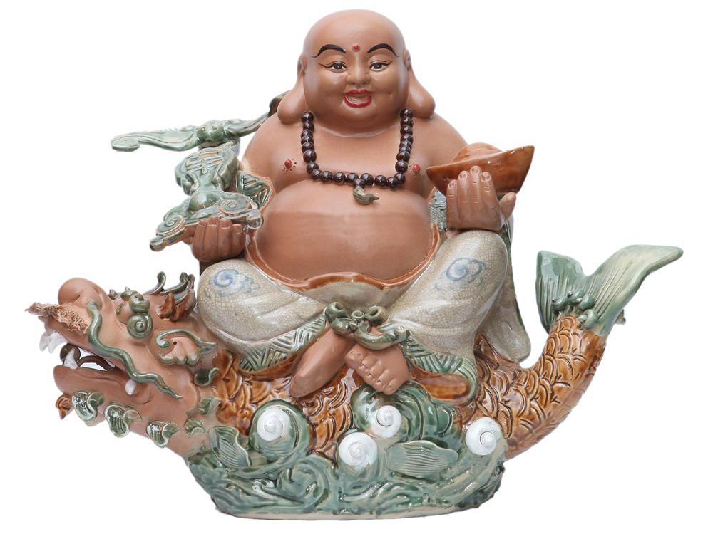 Tượng sứ Di Lặc men rạn ngồi cá Chép hóa Rồng 40x60cm 1