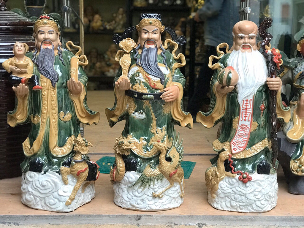 Tượng sứ Phúc Lộc Thọ men xanh cao 83cm 2