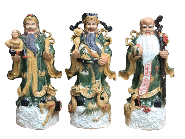 Tượng sứ Phúc Lộc Thọ men xanh cao 83cm 1