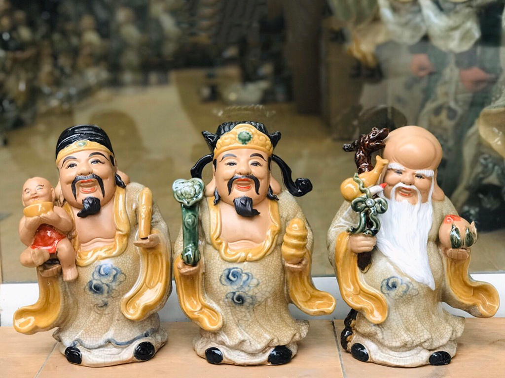 Tượng sứ Phúc Lộc Thọ men rạn no đủ cao 30cm 2