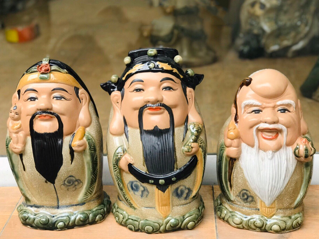 Tượng sứ Phúc Lộc Thọ men rạn dáng trứng cao 32cm 2