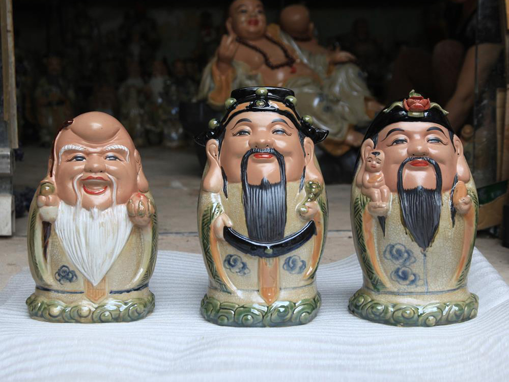 Tượng sứ Phúc Lộc Thọ men rạn dáng trứng cao 32cm 3