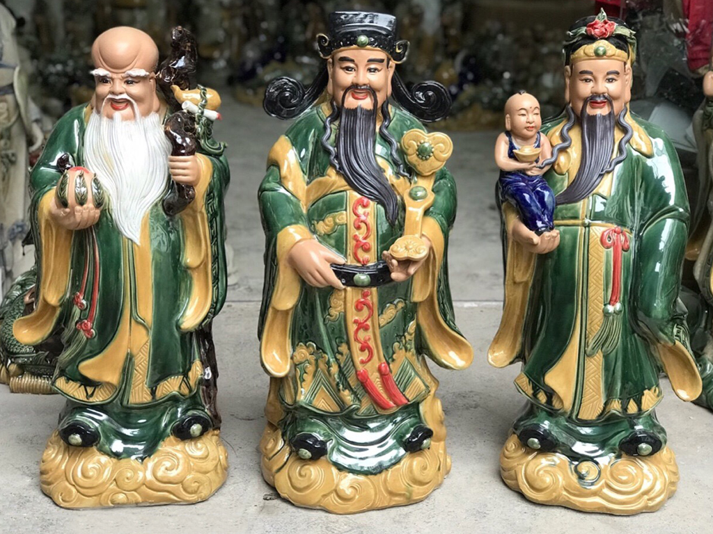 Tượng sứ Phúc Lộc Thọ men xanh cao 70cm 2