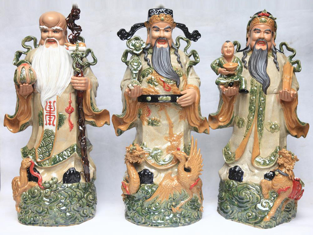 Tượng sứ Phúc Lộc Thọ men rạn đắp nổi tứ linh cao 86cm 2