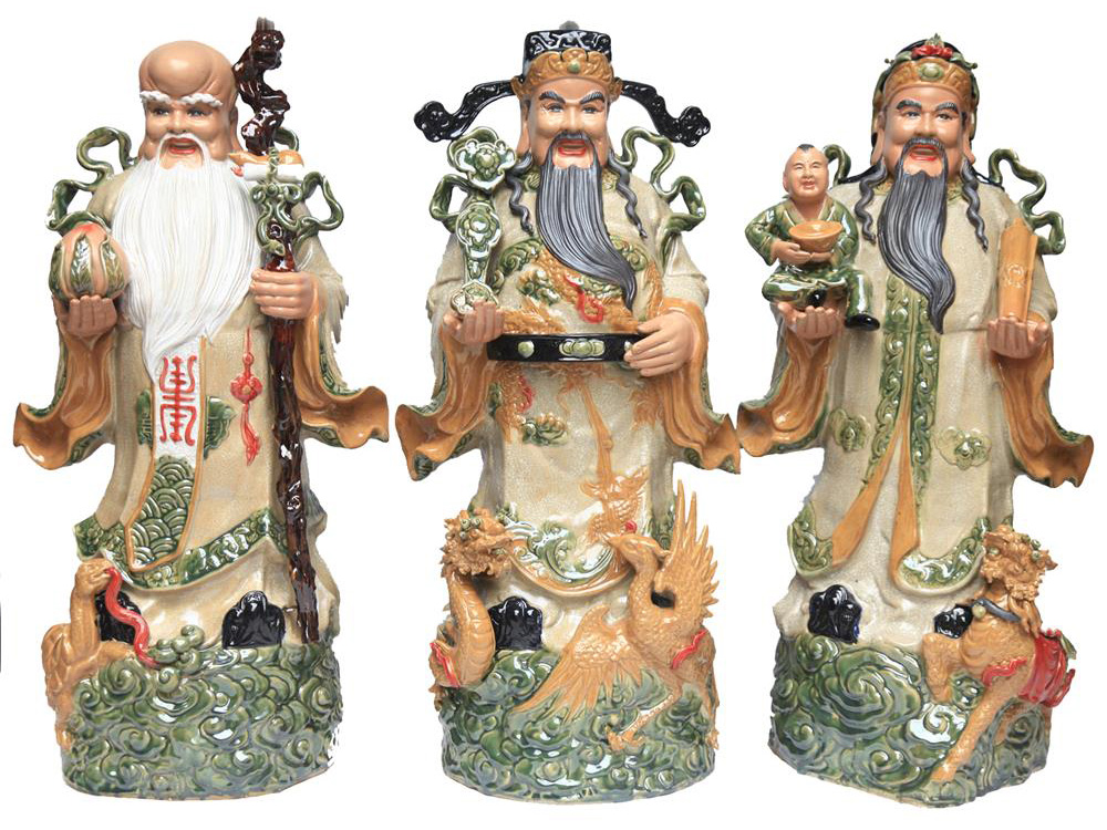 Tượng sứ Phúc Lộc Thọ men rạn đắp nổi tứ linh cao 86cm 1