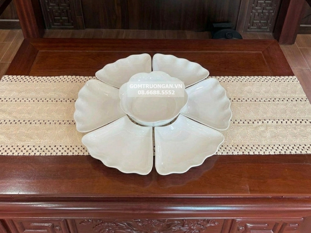 Bộ bát đĩa Bát Tràng mâm cúng gia tiên men trắng 7 món 55cm 2