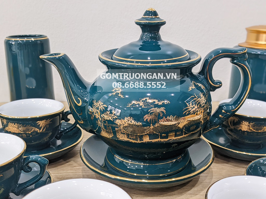 Ấm Chén Bát Tràng men xanh Mallard Hào Gia Phú Quý đầy đủ 2