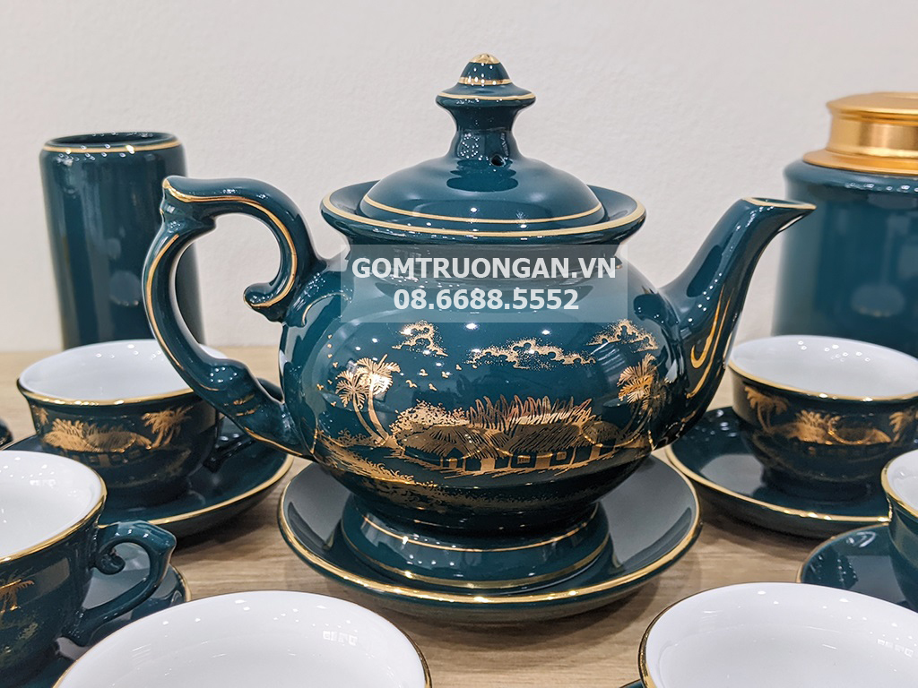 Ấm Chén Bát Tràng men xanh Mallard Hào Gia Phú Quý đầy đủ 3