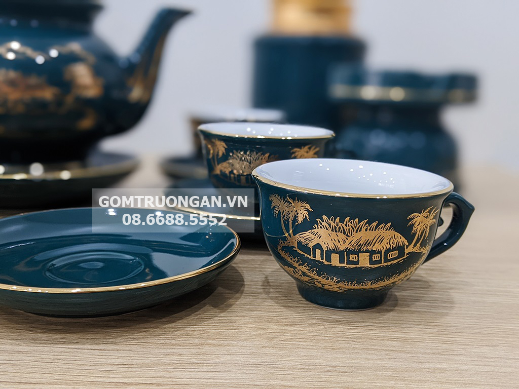 Ấm Chén Bát Tràng men xanh Mallard Hào Gia Phú Quý đầy đủ 4