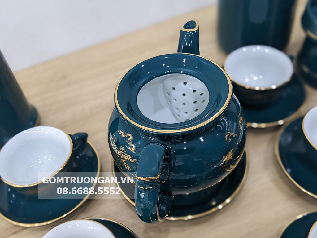 Ấm Chén Bát Tràng men xanh Mallard Hào Gia Phú Quý đầy đủ 5