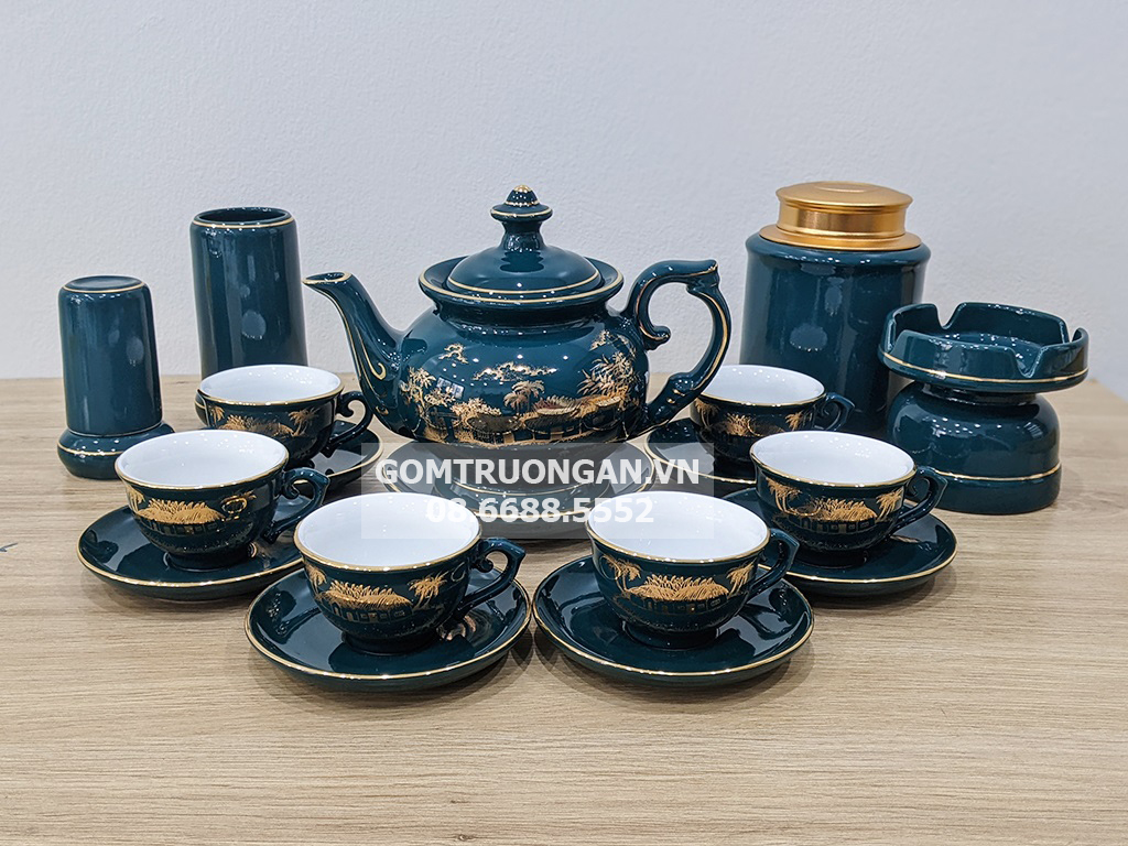 Ấm Chén Bát Tràng men xanh Mallard Hào Gia Phú Quý đầy đủ 1