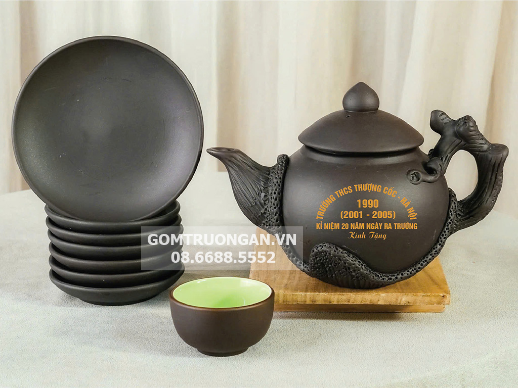 Bộ ấm chén tử sa in logo Trường THCS THƯỢNG CỐC - HÀ NỘI 1