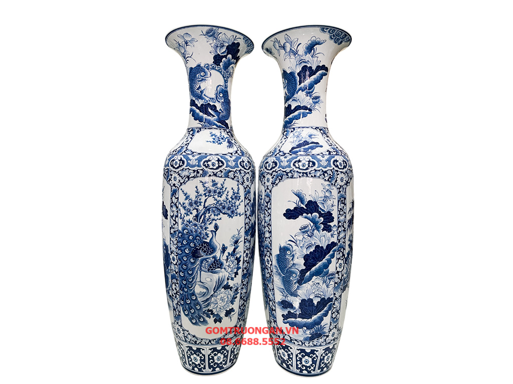 Lọ lục bình Bát Tràng men lam hàng khử Tứ Quý 1m3 2