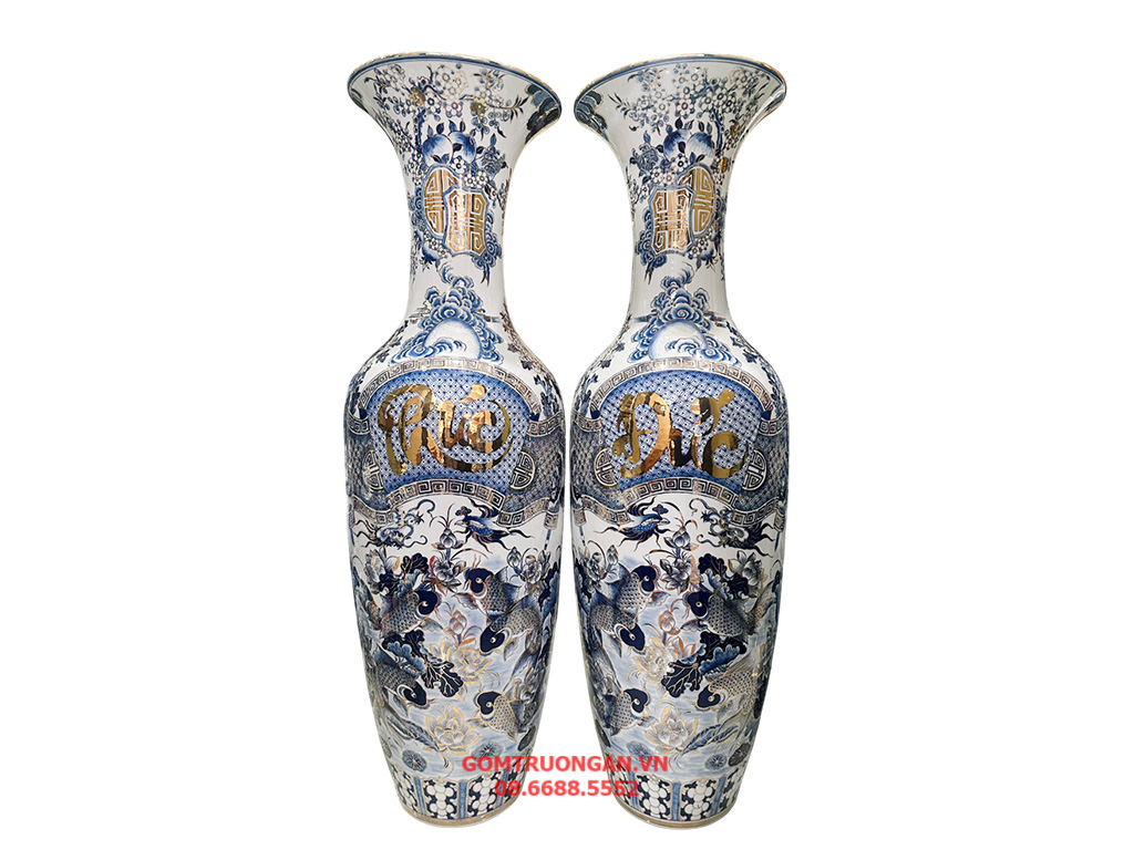 Lọ lục bình Bát Tràng men lam hàng khử Phúc Đức 1m4 vẽ vàng 1