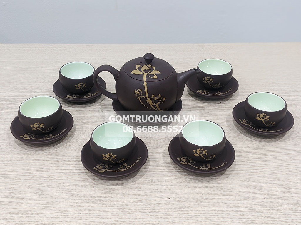 Bộ ấm chén hồng sa Bát Tràng hoa sen 2